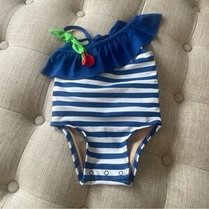 Old Navy Blue and White Striped One-Piece Swimsuit with Cherry Accent